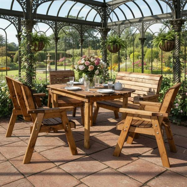 Samuel Alexander Handmade 6 Seater Rustic Wooden Indoor Dining Table, Bench & Chair Set