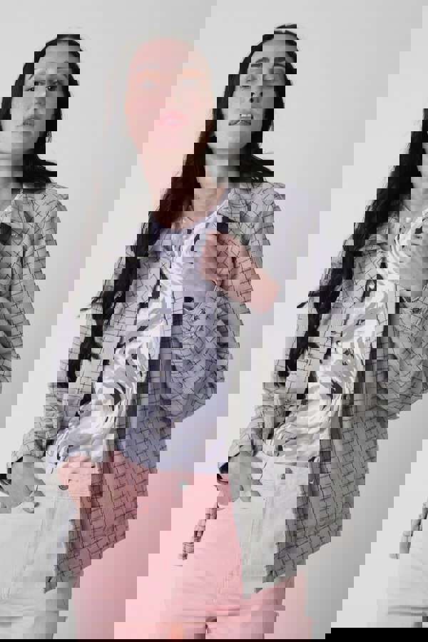 ENORSIA Womens White Stripe Pattern Cropped Jacket