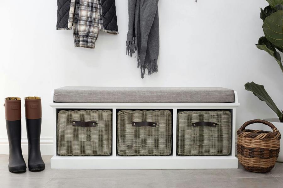Tetbury Bench with 3 Storage Baskets and Grey Cushion Seat
