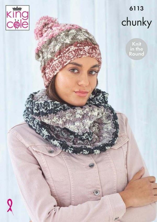 King Cole Nordic Chunky Knitting Pattern 6113, Headwear, Scarves for Women, One Size