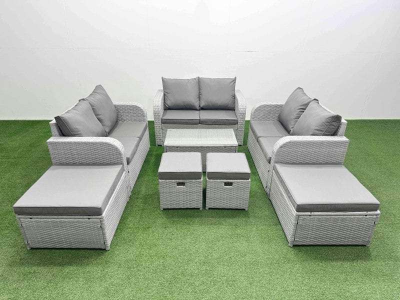 Fimous 8 PCs Rectangular Coffee Table Set Reclining Chair Inclining Sofa Love Sofa 2 Big Footstool 2 Small Stool Light Grey