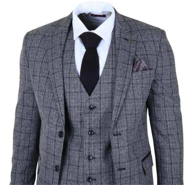 TruClothing IM11 - Men's Charcoal 3 Piece Tailored Fit Check Suit