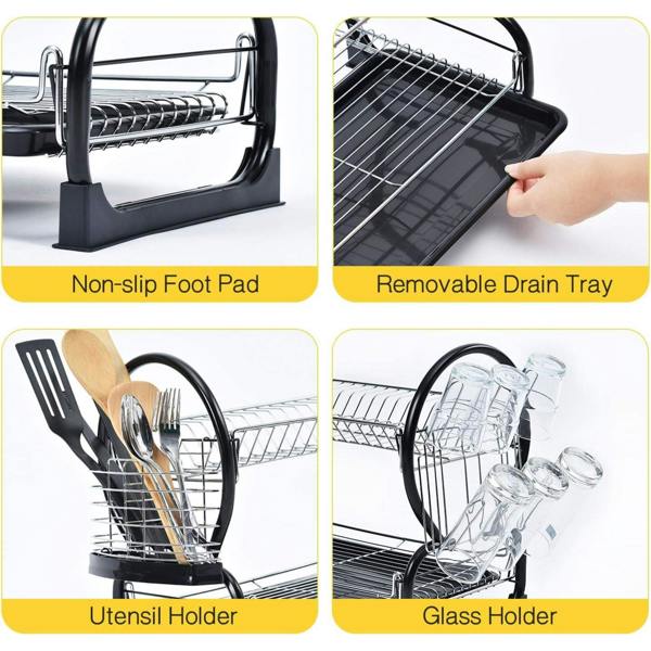 Dyzi 2 Tier Dish Drainer Rack with Utensil Cup Holder Draining Tray Chrome