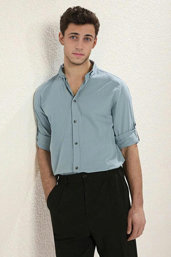 WOVCOR Slim Fit 100% Cotton Linen Look Men’s Shirt