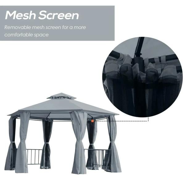 Grey hexagon gazebo canopy with removable mesh screen panels and hanging curtains
