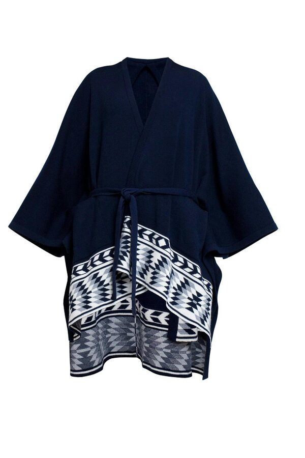 Ivana knitted merino wool cape with geometric border