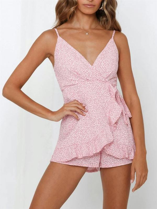 FS Collection Pink Leopard Print Playsuit with Ruffle