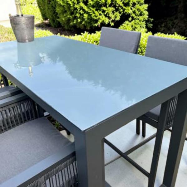 The Garden Marketplace Monaco 4 Seater Tall Garden Bar Table & Stool Set – Grey Powder-Coated Aluminium, Glass Top (140 x 70cm) with Cushions