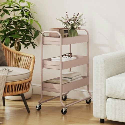 Wyld Haus Noluli Doha Metal Light Pink 3 Tier Rolling Utility Trolley With Mesh Baskets