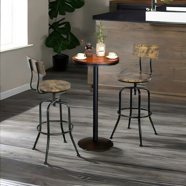 Rafaelo Mobilia Set Of 2 Industrial Rustic Brown Bar Stools With Back & Footrest