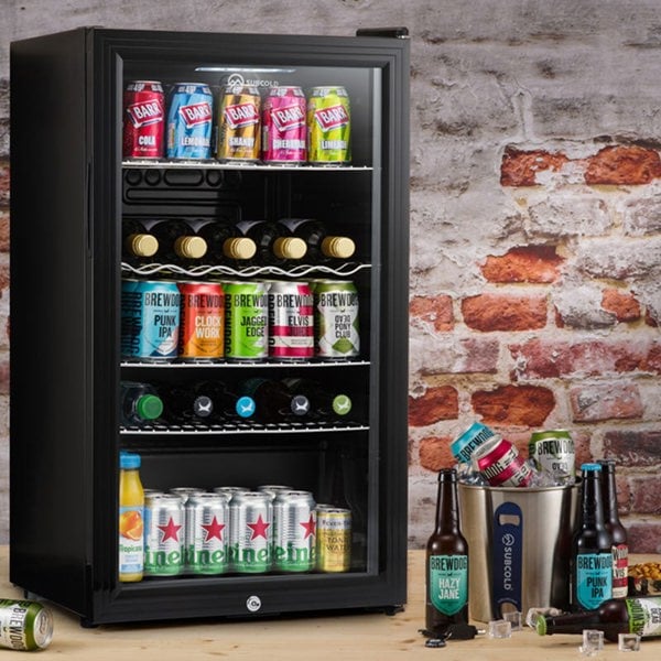 Subcold Super 85 litre glass door beer drinks under counter black fridge lifestyle