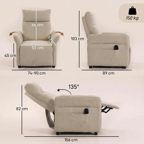 Recliner Armchair, Push Back Recliner Chair with Massage & Heat, Adjustable Armrests, Dual Side Pockets, Beige