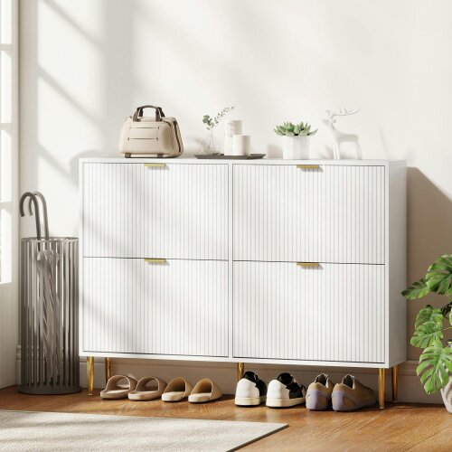 Wyld Haus Rokake Wooden White Elegant 4 Drawer Shoe Cabinet Ribbed Design