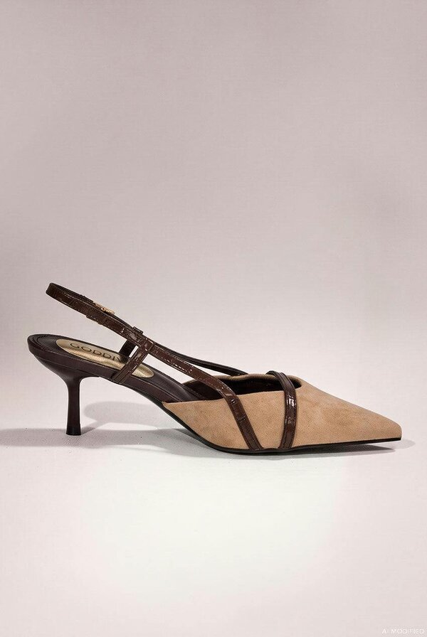 Goddiva Pointed Slingback Heels With Croc-Style Straps - Beige by Goddiva