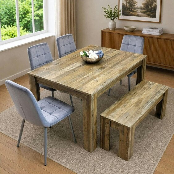 Kosy Koala Wooden Dining Table Set for 6 Rustic Effect Table With 4 Grey Velvet Chairs and 1 Bench