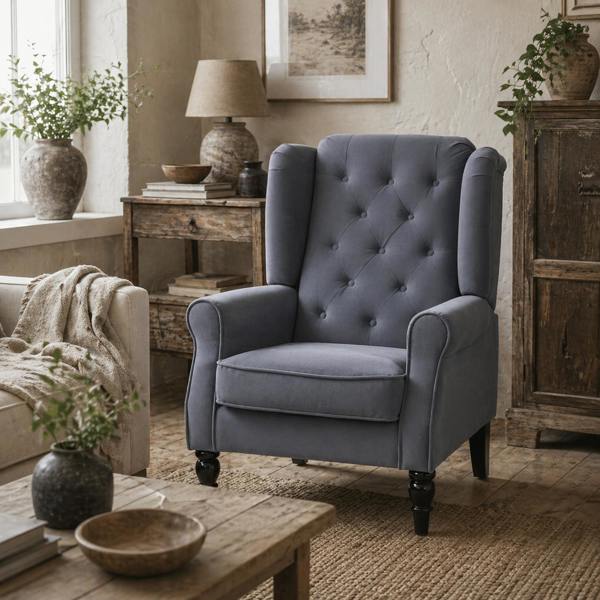 Wyld Haus Vanola Fabric Grey Retro Wingback Accent Armchair With Diamond Button Tufted Upholstery
