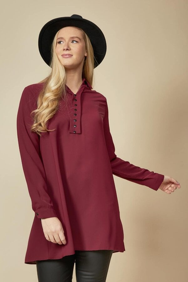 Hoxton Gal Tunic Shirt with Button Details in Burgundy