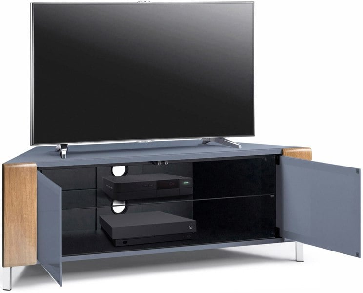 MDA Designs CORVUS Corner-Friendly Grey BeamThru Glass Doors with Oak Profiles Contemporary Cabinet for Flat Screen TVs up to 50"