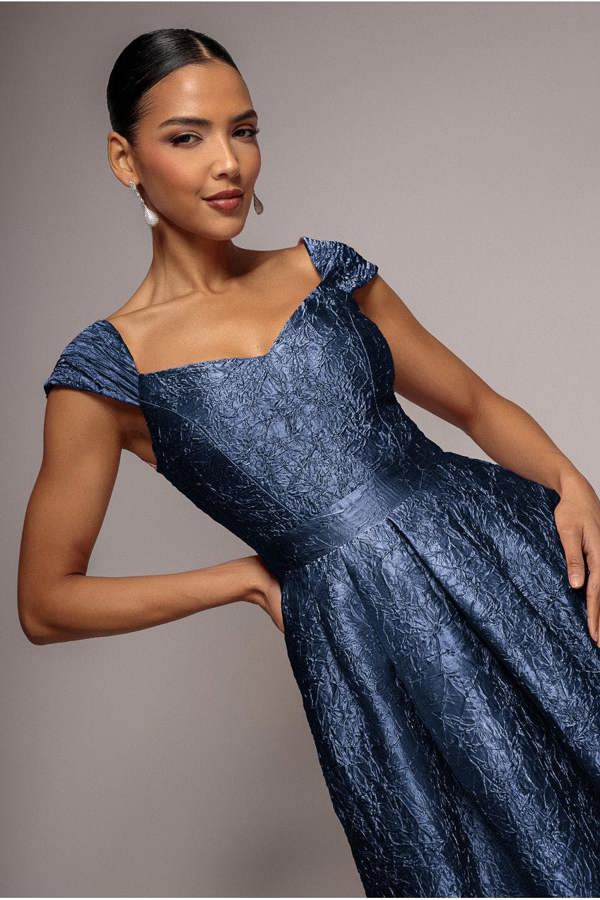 Crushed Satin Sleeveless A Line Midi Dress - Navy Blue DR4551