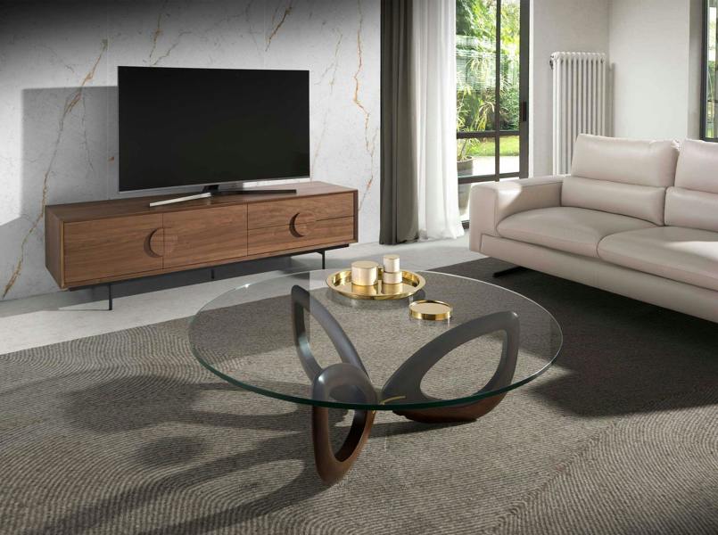 Angel Cerdá Round Tempered Glass and Walnut Coffee Table 2053