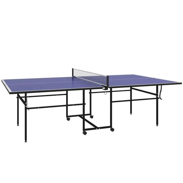 Blue folding table tennis table with net, four wheels, and sturdy black frame