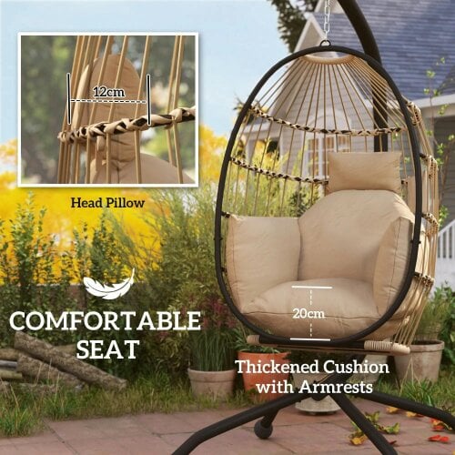 Bobobiy Hanging Egg Chair Garden Swing Chair with Folding Basket and Thickened Cushion, Garden Hanging Chair with Stand, Headrest, Cup Holder, Khaki