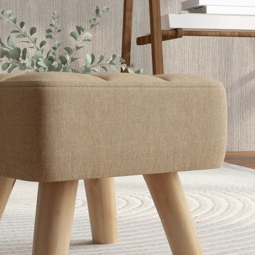 Wyld Haus Luluva Linen Look Brown Square Padded Footstool Diamond Tufted