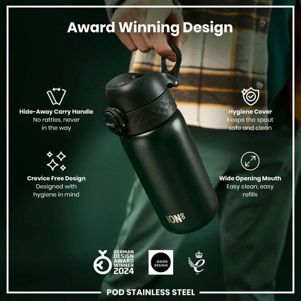 A dark-green, stainless steel water bottle is being held; its features, including a hide-away handle and wide mouth, are highlighted against a dark background. Award Winning Design. GERMAN DESIGN AWARD WINNER 2024. GOOD DESIGN. 2021. POD STAINLESS STEEL.