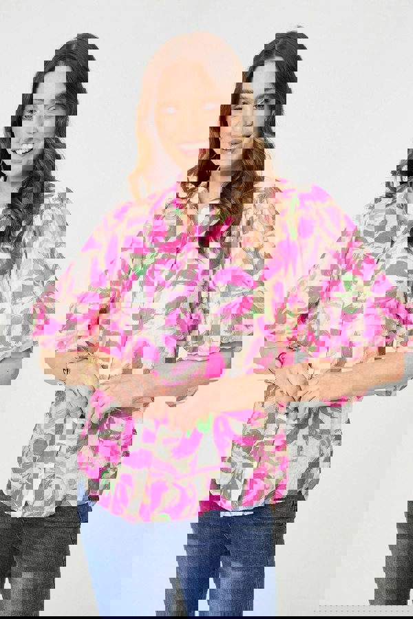 Pink | Floral Puff Sleeve Collared Shirt
