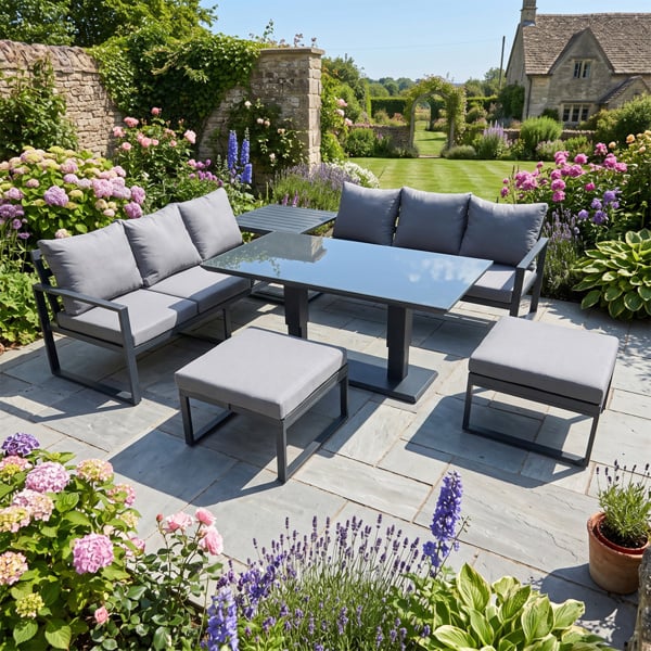 Fimous 8 Seater Aluminium Outdoor Garden Furniture Set with Adjustable Rising Lifting Dining Table 3 Seater Sofa 2 Big Footstool Side Table Dark Grey