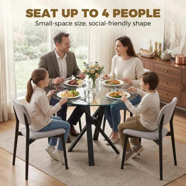 Round Dining Table for 4, 80cm Modern Kitchen Table with Tempered Glass Top and Cross Steel Legs, Clear