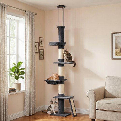 PawHut Floor to Ceiling Cat Tree, 230-260 cm Adjustable Cat Tower Dark Grey