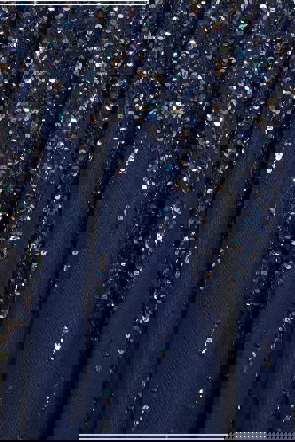 Sunray Hand Embellished Sequin A-Line Bell Sleeve Maxi Dress - Navy Blue DR4654