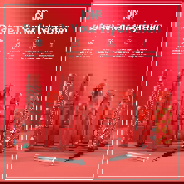 Several red water bottles, of varying sizes and designs, are displayed on a red surface. They are arranged to showcase different styles and sizes, accompanied by text promoting hydration and accessories. ION8 branding is visible on many of the bottles.