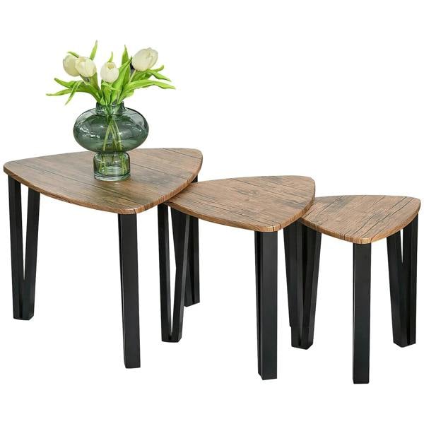 Triangular nesting coffee tables set of 3 with walnut wood tops and black metal legs