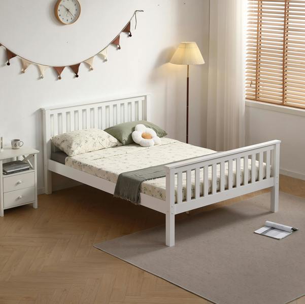 Mission TM Devon White Wooden Bed FrameDevon Solid Pine Bed Frame, Shaker Slatted Headboard and Footboard, 4 Sizes, Single to King