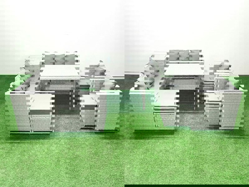 Fimous Rattan Garden Furniture Set Outdoor 8 Seater Patio Dinin g Sofa Sets with Dining Table 2 Chairs Side Table 3 Footstools Light Grey Mixed