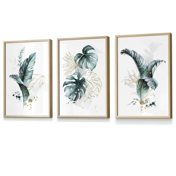Artze Wall Art Teal Blue and Gold Botanical Set of 3 Floral Framed Prints