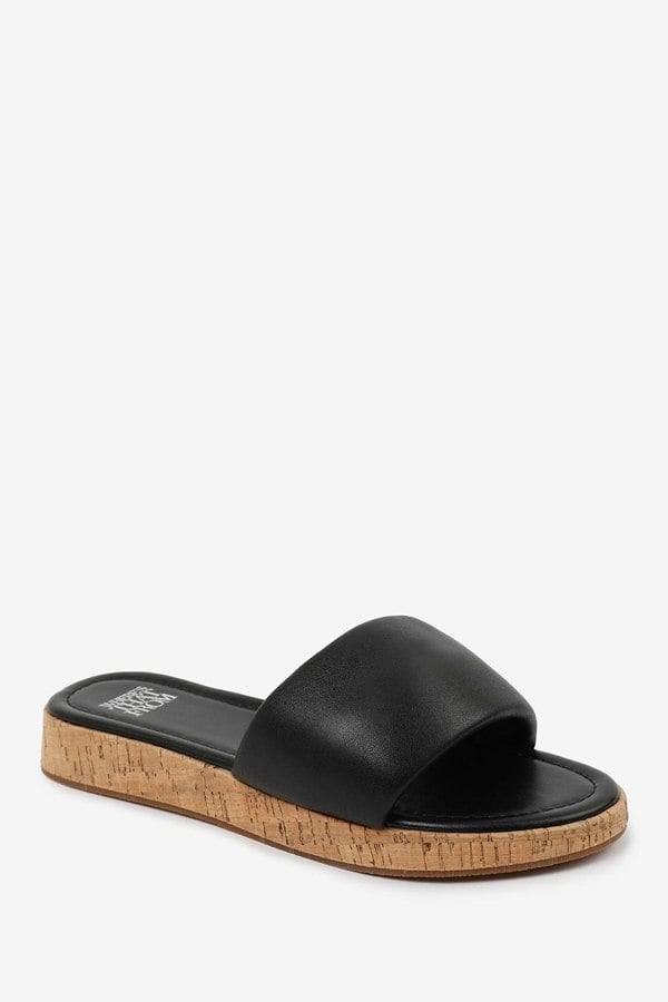 Where's That From Julia Wide Fit Flatform Sliders Sandal In Black Faux Leather