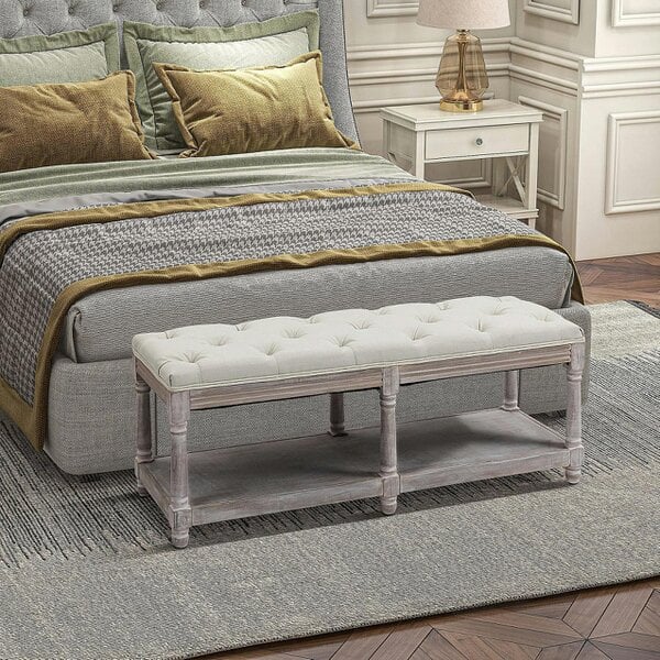 Wyld Haus Lono Cream 2 Tier Vintage Style Bed End Bench With Storage Shelf Tufted Diamond