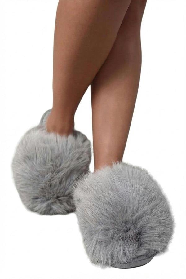 Nadia Fluffy Faux Fur Slippers - Grey_wb