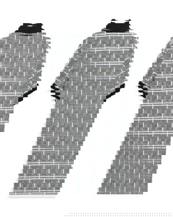 Lambretta Mens Prince of Wales Check Mod Ska Casual Polo, front view of the men's polo shirt featuring a classic check pattern in black, white, and grey with black collar and sleeve cuffs.