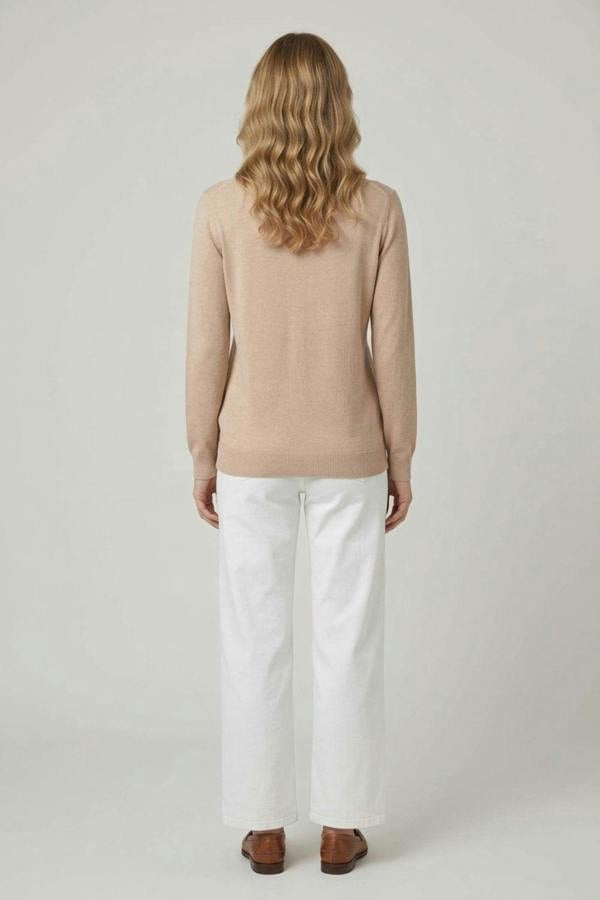 Beige | Textured Pearl Detail V-Neck Knit Top