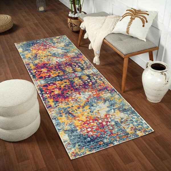 Livabliss Floransa FSA2335 Abstract Pink Yellow Blue Modern Marble Rug - 80 x 220 cm
