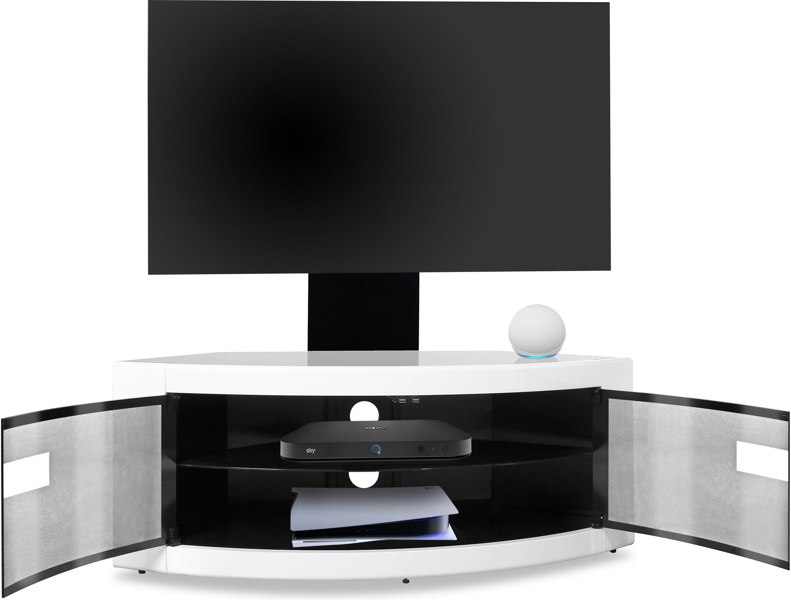 Centurion Supports PANGEA Black/White Beam-Thru Curved True-Corner 32"-50" TV Cabinet with Mounting Arm