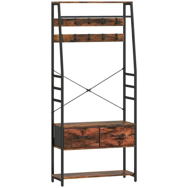 Industrial hallway organizer with rustic brown shelves, two drawers, and black metal frame