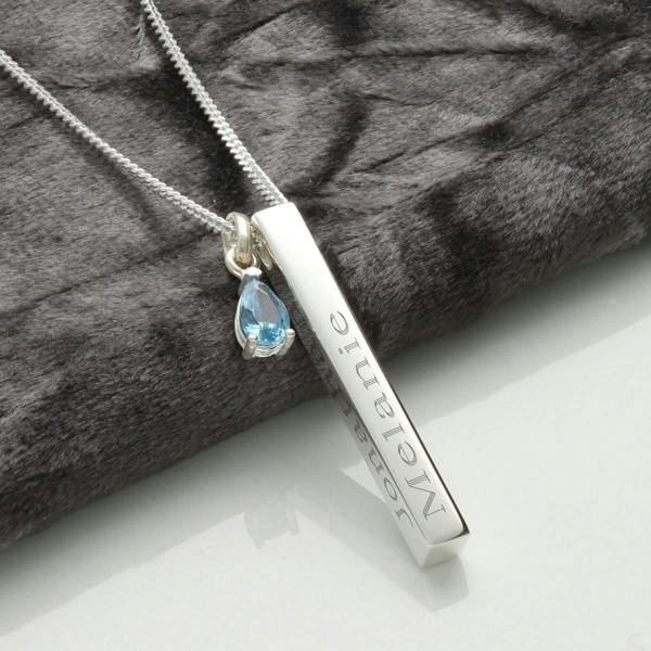 Christopher James of London Personalised Sterling Silver 3D Bar & Teardrop Birthstone Necklace