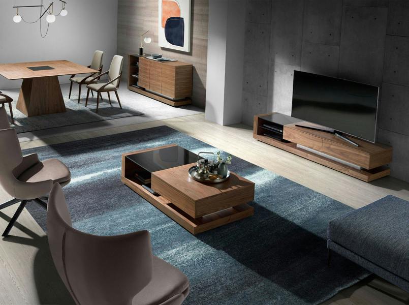 Angel Cerdá TV cabinet walnut, polished steel and black glass top 3139