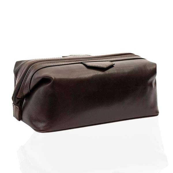 Brown leather washbag on a white background