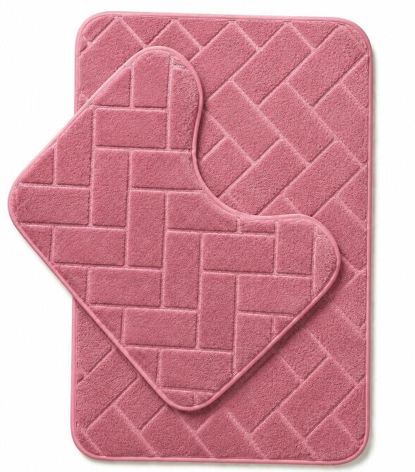 Night Zone Memory Foam Bath Mat Set – Block Bricks Design Non-Slip Bathroom Rug - Pink